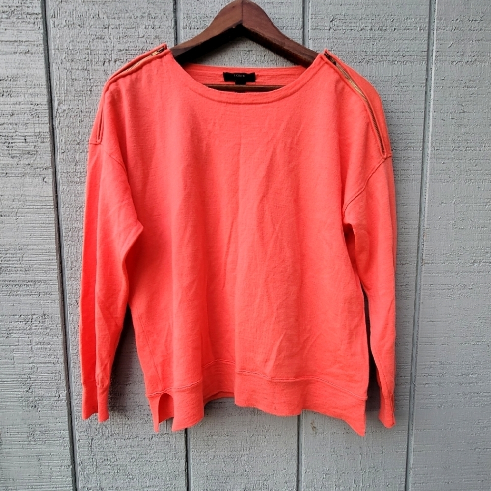 J Crew 100% Merino Wool Boxy Fit Zipper Accent Crop Sweater size L Coral